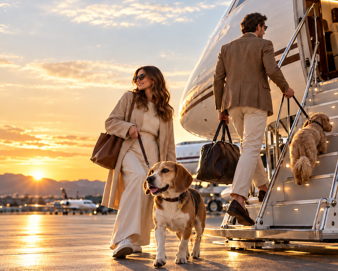 Two passengers sharing a table in a private jet cabin